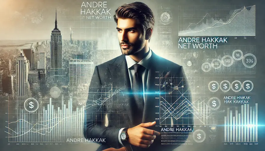 A detailed and professional image showing Andre Hakkak in a business setting, with financial charts and graphs in the background. The image should convey wealth and analysis, with a sleek and modern design. Andre Hakkak should be dressed in a suit, looking confident and successful. The text 'Andre Hakkak’s Net Worth' should be prominently displayed at the top.