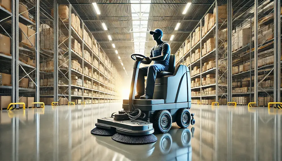 A high-quality image of a ride-on floor scrubber in action inside a large, clean warehouse. The machine is sleek and modern, with an operator seated comfortably, steering it effortlessly across the shiny floor. The background shows wide, open spaces with neatly organized shelves and a spotless, polished floor. The lighting is bright, highlighting the cleanliness and efficiency of the scene.