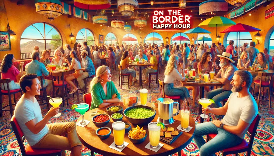 A vibrant and inviting scene at On the Border restaurant during happy hour. The image shows people enjoying drinks and appetizers at a colorful, lively setting. The atmosphere is festive with friends and families gathered around tables, engaging in conversation. The decor includes bright colors, Tex-Mex inspired elements, and warm lighting. Drinks like margaritas and beers, along with appetizers such as nachos, queso, and guacamole, are prominently featured on the tables. Text in the image should read 'On the Border Happy Hour'.