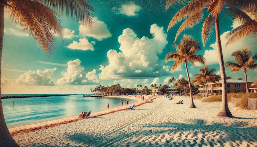 A beautiful beach scene near Cape Coral, Florida. The image features soft white sand, clear blue waters, and a few people enjoying the beach. In the background, there are some palm trees and a picturesque sky with a few fluffy clouds. The atmosphere is serene and inviting, perfect for a relaxing day at the beach.