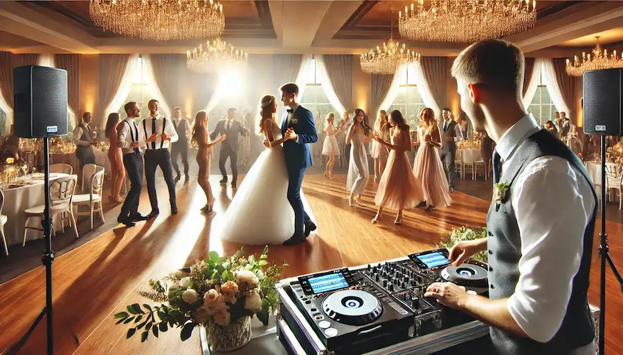 A beautiful wedding reception scene with a lively dance floor, a well-dressed DJ playing music, a happy bride and groom dancing, and guests enjoying themselves. The setting includes elegant decorations, soft lighting, and a stylish venue. The atmosphere is joyful and celebratory, capturing the essence of wedding reception music.