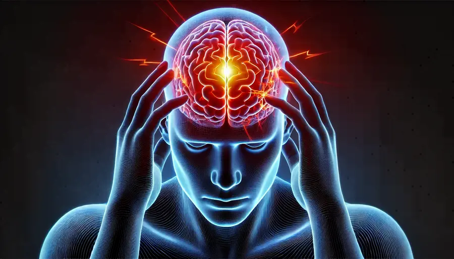 A human figure holding their head with a glowing brain highlighted in red and orange to indicate pain or a headache, set against a dark background.