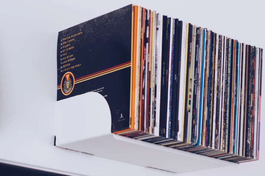 Vinyl record collection on shelves